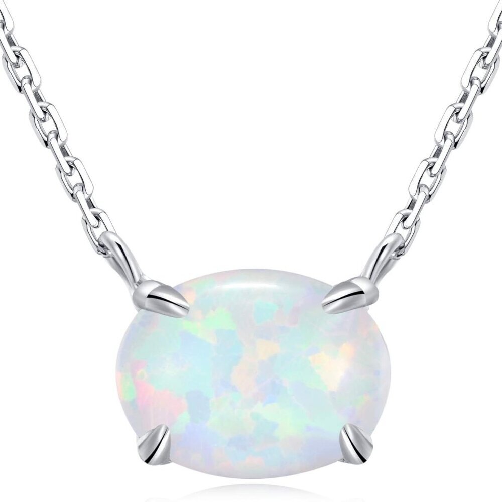 Sterling Silver Opal Necklace, 925 Sterling Silver, Small Dainty Oval Opal Jewel